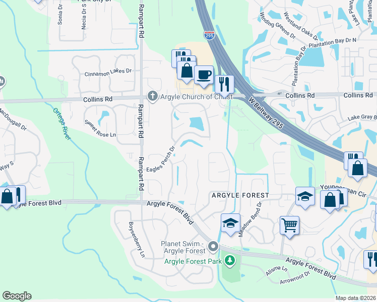map of restaurants, bars, coffee shops, grocery stores, and more near 8324 Candlewood Cove Trail in Jacksonville