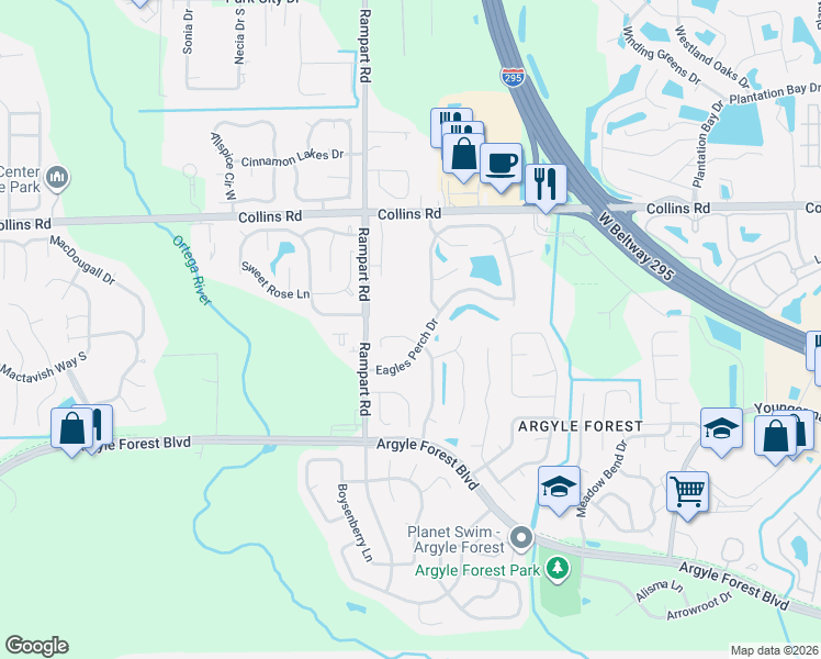 map of restaurants, bars, coffee shops, grocery stores, and more near 8242 Knotts Landing Drive North in Jacksonville
