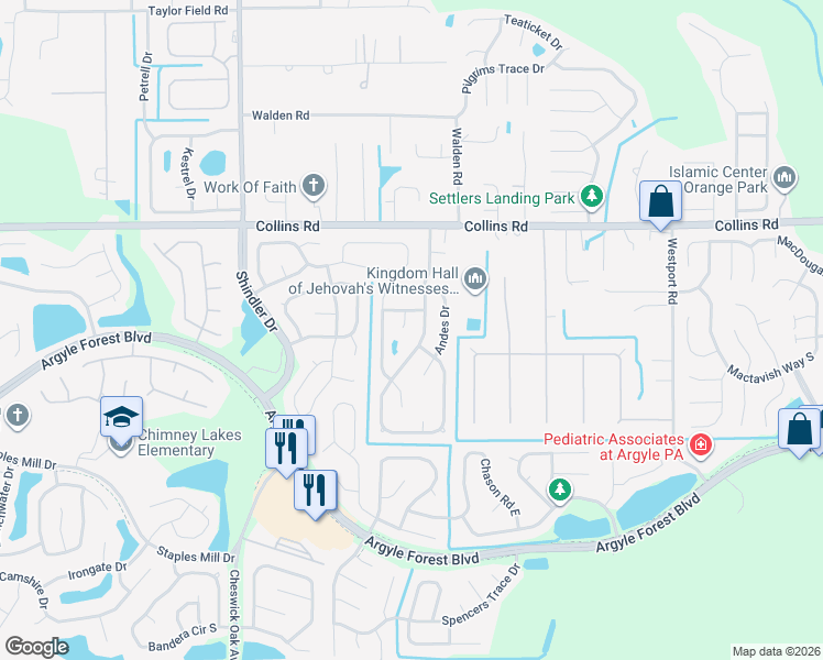 map of restaurants, bars, coffee shops, grocery stores, and more near 7781 Pikes Peak Drive in Jacksonville