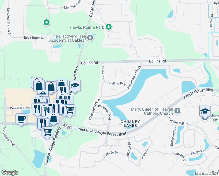 map of restaurants, bars, coffee shops, grocery stores, and more near 9417 Prosperity Lake Drive in Jacksonville