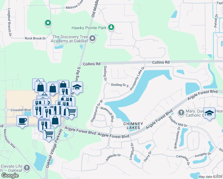 map of restaurants, bars, coffee shops, grocery stores, and more near 9417 Prosperity Lake Drive in Jacksonville