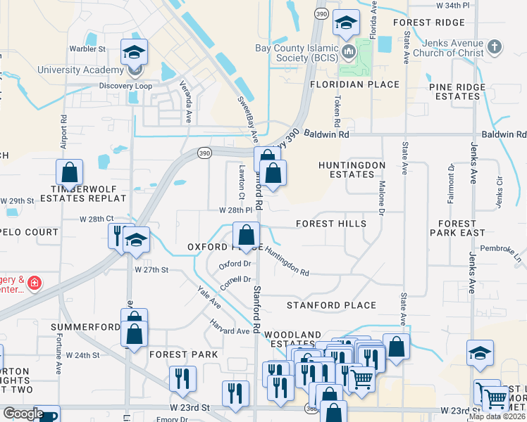 map of restaurants, bars, coffee shops, grocery stores, and more near 1279 Amherst Road in Panama City