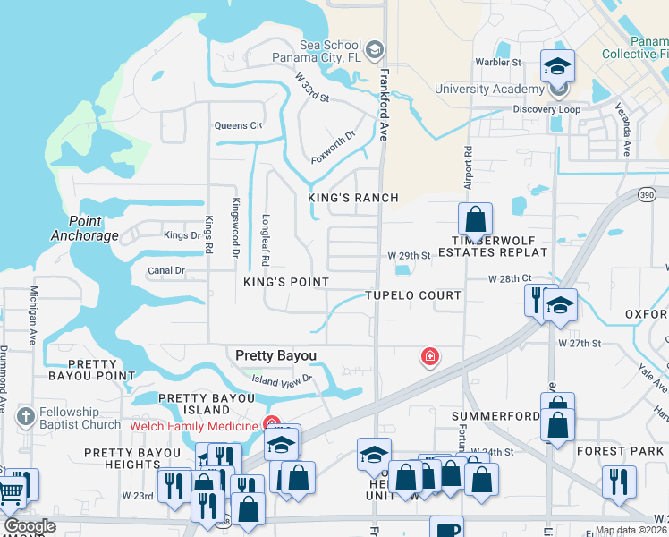 map of restaurants, bars, coffee shops, grocery stores, and more near 2901 Tupelo Dr in Panama City