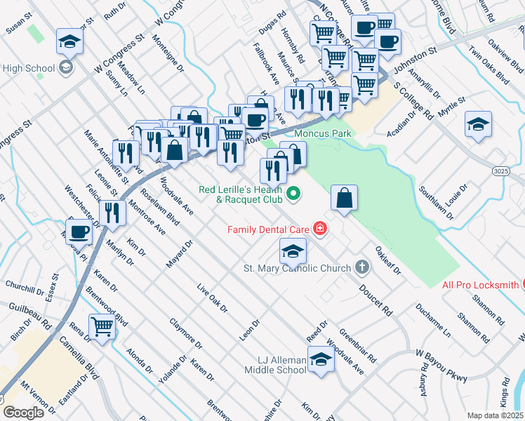map of restaurants, bars, coffee shops, grocery stores, and more near 105 Gayle Drive in Lafayette