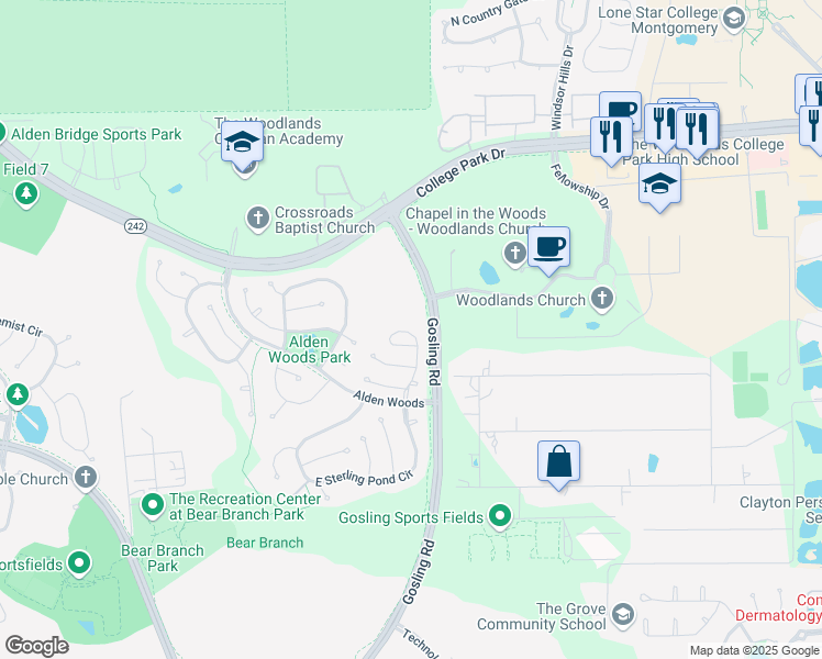 map of restaurants, bars, coffee shops, grocery stores, and more near 3 South Avonlea Circle in Spring