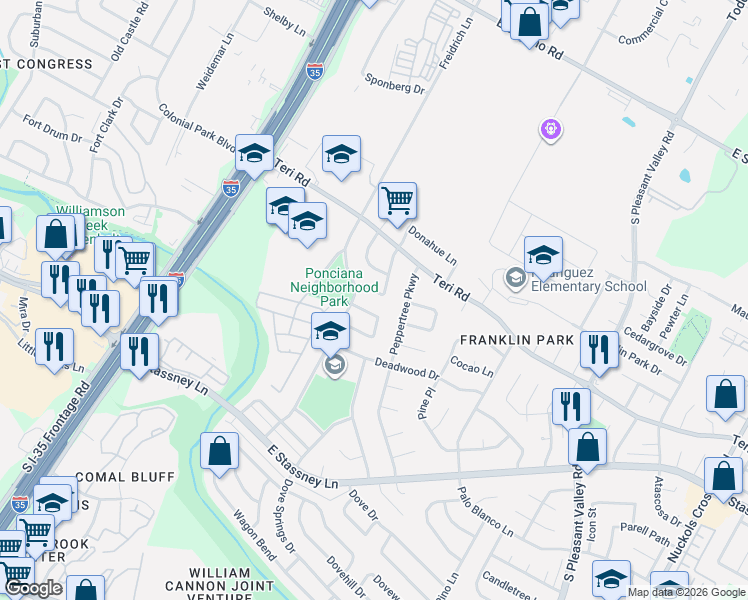 map of restaurants, bars, coffee shops, grocery stores, and more near 2009 Ponciana Loop in Austin