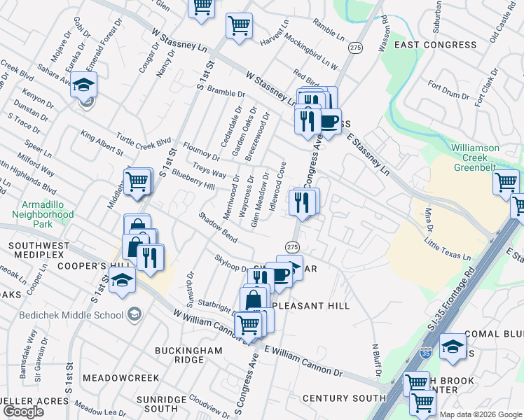 map of restaurants, bars, coffee shops, grocery stores, and more near 6213 Idlewood Cove in Austin