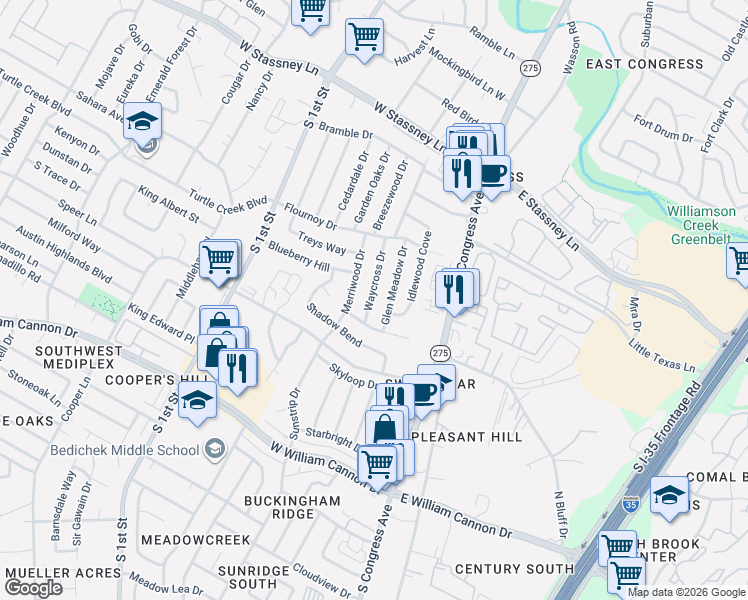 map of restaurants, bars, coffee shops, grocery stores, and more near 6213 Idlewood Cove in Austin