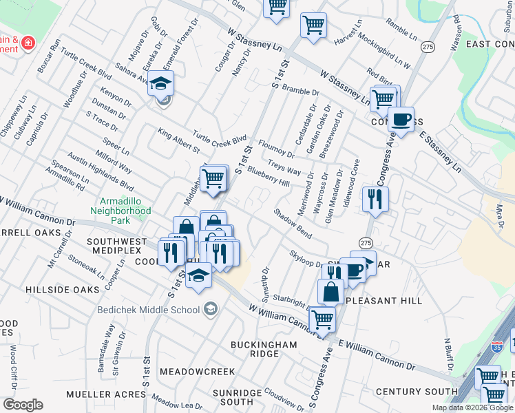 map of restaurants, bars, coffee shops, grocery stores, and more near 6401 South Meadows Boulevard in Austin