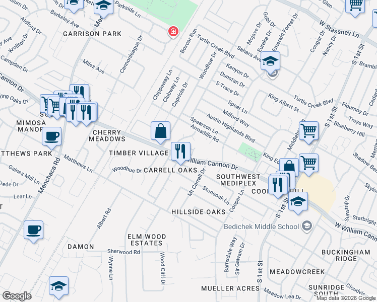 map of restaurants, bars, coffee shops, grocery stores, and more near 1202 Echo Lane in Austin