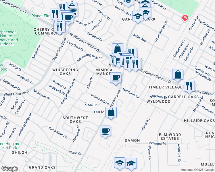 map of restaurants, bars, coffee shops, grocery stores, and more near 7310 Menchaca Road in Austin