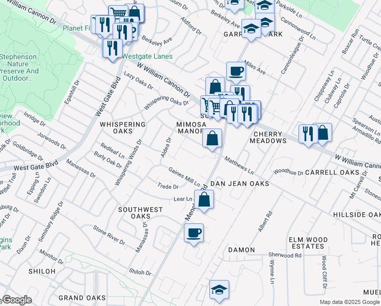 map of restaurants, bars, coffee shops, grocery stores, and more near 2101 Granberry Drive in Austin