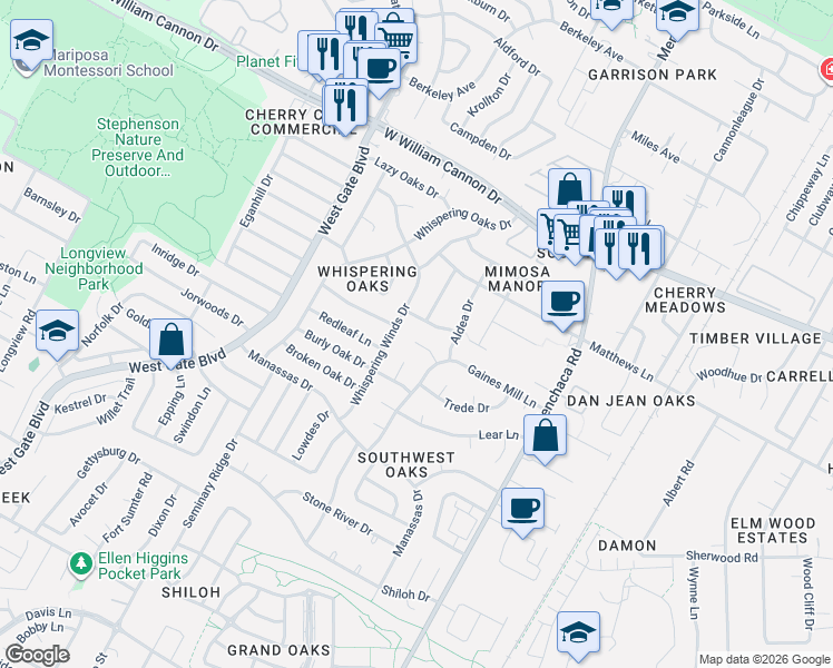 map of restaurants, bars, coffee shops, grocery stores, and more near 2303 Fuente Cove in Austin