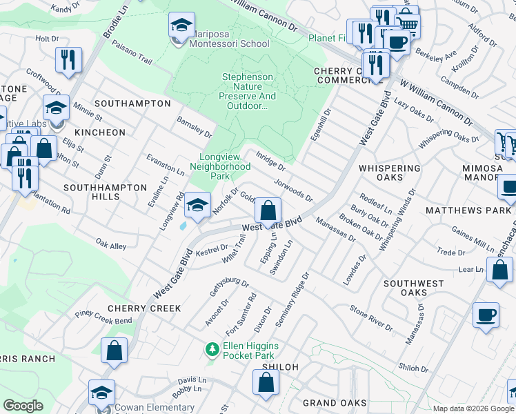map of restaurants, bars, coffee shops, grocery stores, and more near 7900 West Gate Boulevard in Austin