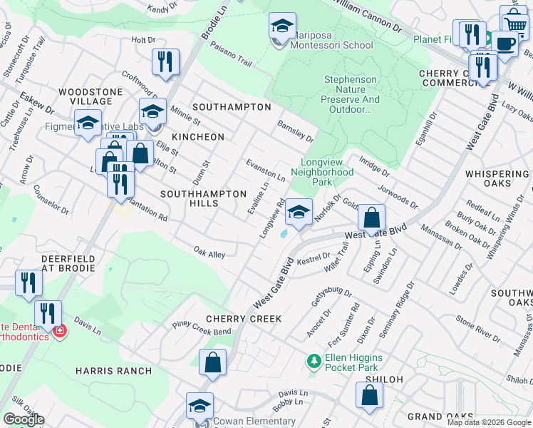 map of restaurants, bars, coffee shops, grocery stores, and more near 3102 Darnell Drive in Austin