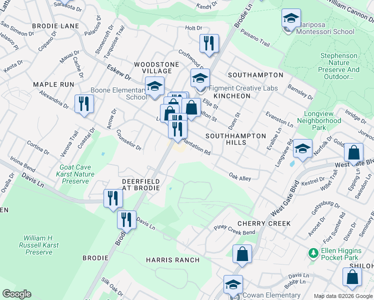map of restaurants, bars, coffee shops, grocery stores, and more near 8208 Kellog Court in Austin