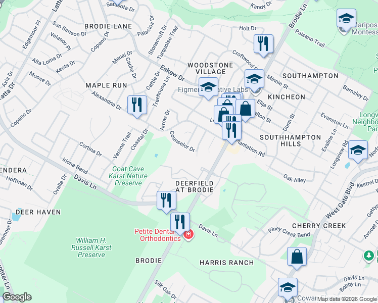 map of restaurants, bars, coffee shops, grocery stores, and more near 8502 Caspian Drive in Austin