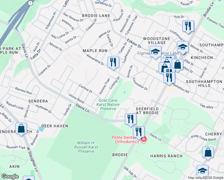 map of restaurants, bars, coffee shops, grocery stores, and more near 8707 Coastal Dr in Austin