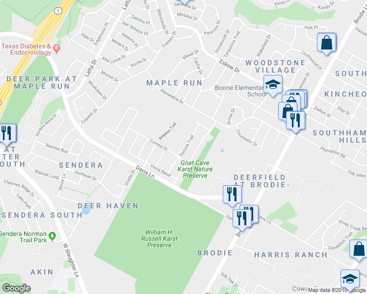 map of restaurants, bars, coffee shops, grocery stores, and more near 8708-8798 Verona Trail in Austin