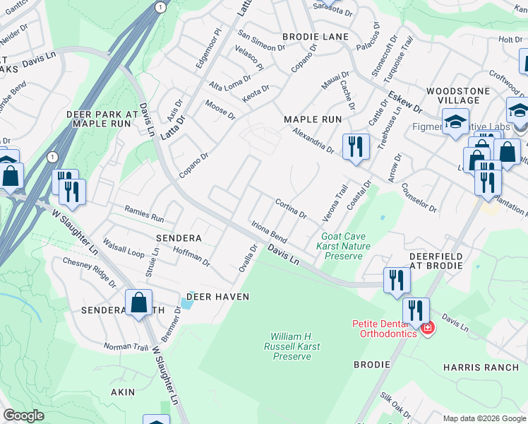 map of restaurants, bars, coffee shops, grocery stores, and more near 4213 Iriona Bend in Austin