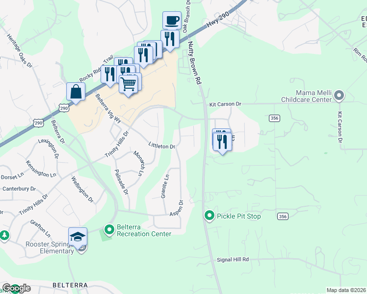 map of restaurants, bars, coffee shops, grocery stores, and more near 570 Aspen Drive in Austin