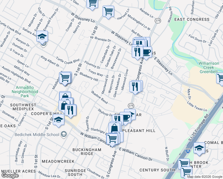 map of restaurants, bars, coffee shops, grocery stores, and more near 6213 Idlewood Cove in Austin