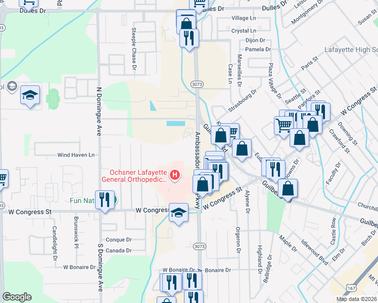 map of restaurants, bars, coffee shops, grocery stores, and more near 2700 Ambassador Caffery Parkway in Lafayette