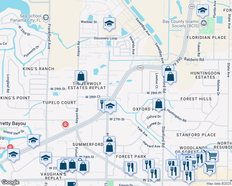 map of restaurants, bars, coffee shops, grocery stores, and more near 1266 Saint Andrews Boulevard in Panama City