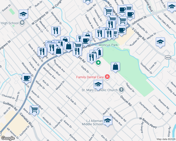 map of restaurants, bars, coffee shops, grocery stores, and more near 105 Gayle Drive in Lafayette
