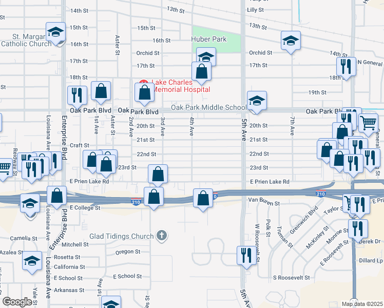 map of restaurants, bars, coffee shops, grocery stores, and more near 3199 4th Ave in Lake Charles