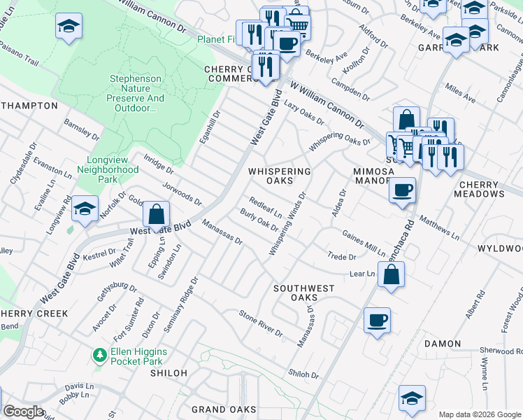 map of restaurants, bars, coffee shops, grocery stores, and more near 2601 Redleaf Lane in Austin