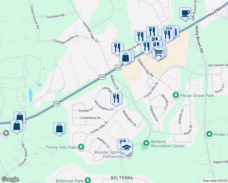 map of restaurants, bars, coffee shops, grocery stores, and more near 180 Lexington Drive in Austin