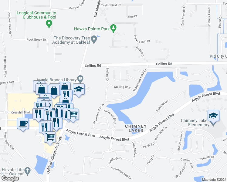 map of restaurants, bars, coffee shops, grocery stores, and more near 8381 Swanton Lane in Jacksonville