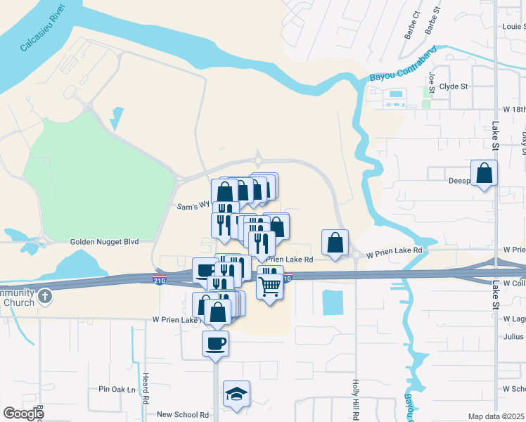 map of restaurants, bars, coffee shops, grocery stores, and more near 1720 West Prien Lake Road in Lake Charles