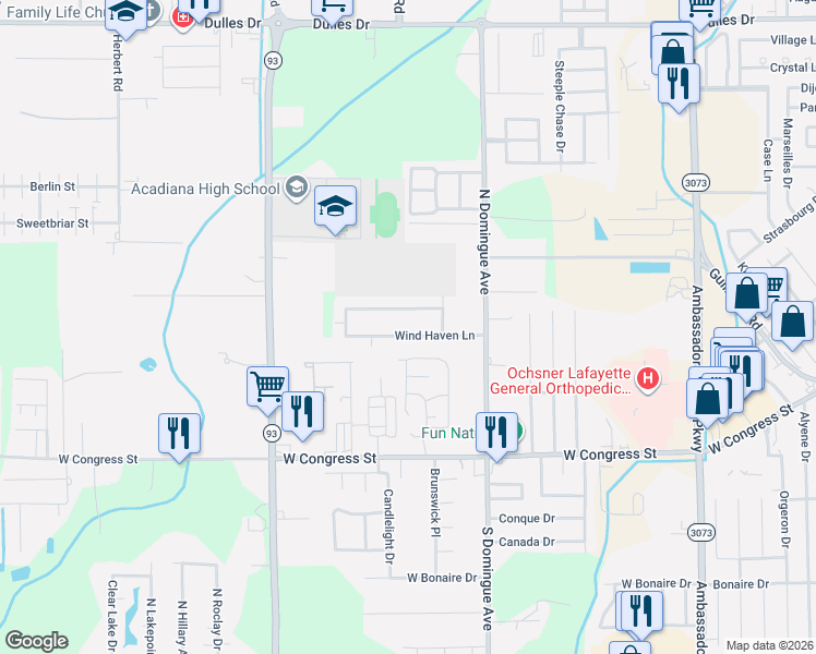 map of restaurants, bars, coffee shops, grocery stores, and more near 621 Wind Haven Lane in Lafayette