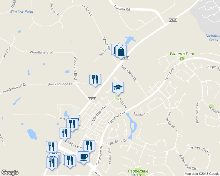 map of restaurants, bars, coffee shops, grocery stores, and more near 3 Caelin Court in The Woodlands