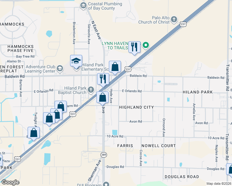map of restaurants, bars, coffee shops, grocery stores, and more near 2917 Altha Avenue in Panama City