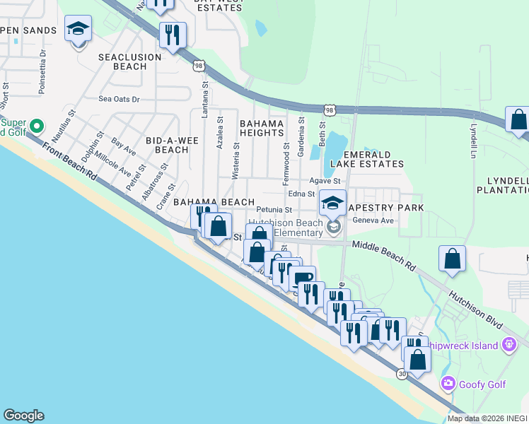 map of restaurants, bars, coffee shops, grocery stores, and more near 13204 Fernwood Place in Panama City Beach