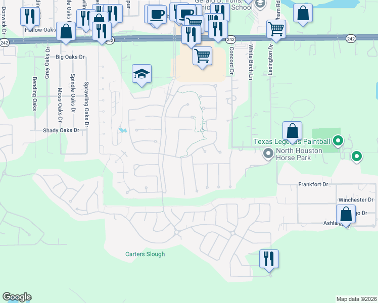 map of restaurants, bars, coffee shops, grocery stores, and more near 10101 South Goshawk Trail in Conroe