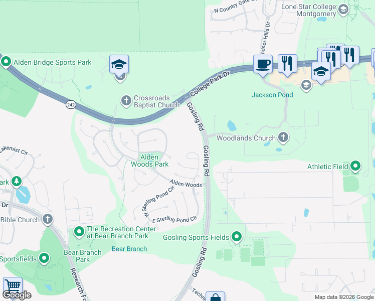 map of restaurants, bars, coffee shops, grocery stores, and more near 7575 Gosling Road in The Woodlands