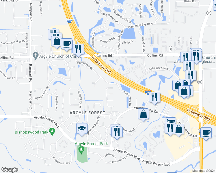 map of restaurants, bars, coffee shops, grocery stores, and more near 8072 Honeysuckle Lane in Jacksonville