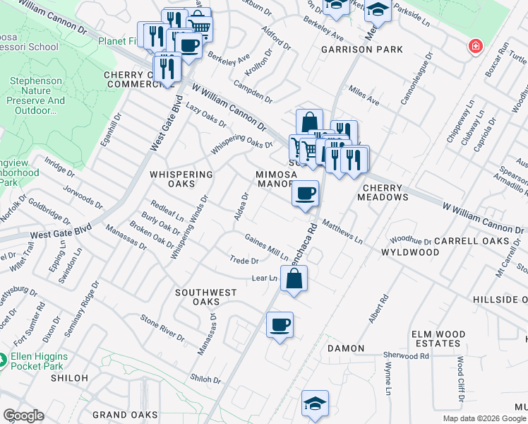 map of restaurants, bars, coffee shops, grocery stores, and more near 2109 Matthews Lane in Austin