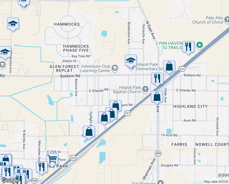 map of restaurants, bars, coffee shops, grocery stores, and more near 2417 East Orlando Road in Panama City
