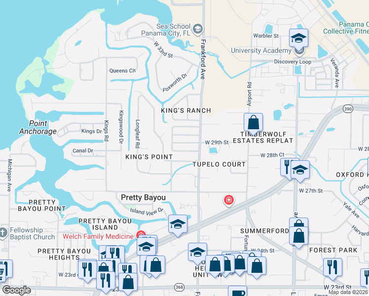 map of restaurants, bars, coffee shops, grocery stores, and more near 2881 Tupelo Drive in Panama City
