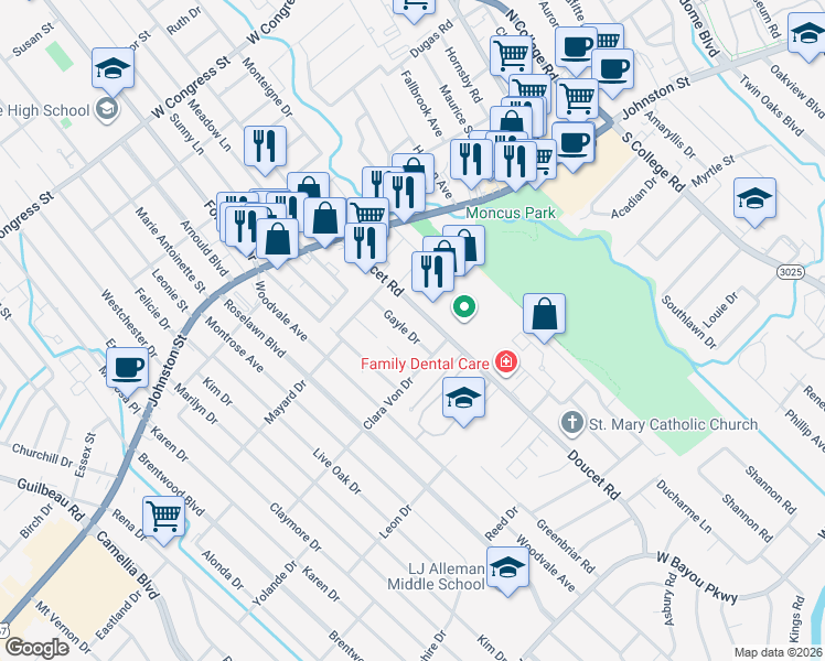 map of restaurants, bars, coffee shops, grocery stores, and more near 200-220 Doucet Road in Lafayette