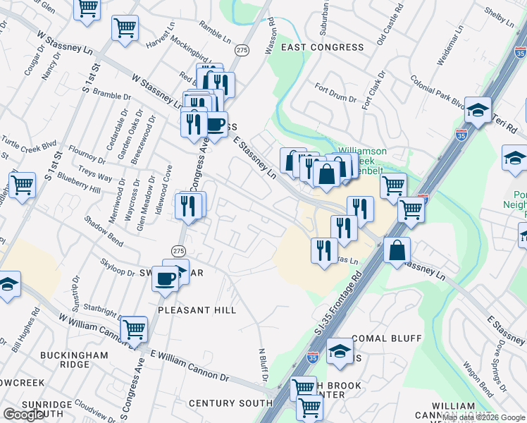 map of restaurants, bars, coffee shops, grocery stores, and more near 501 East Stassney Lane in Austin
