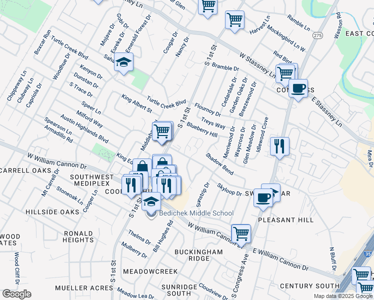 map of restaurants, bars, coffee shops, grocery stores, and more near 512 Eberhart Lane in Austin