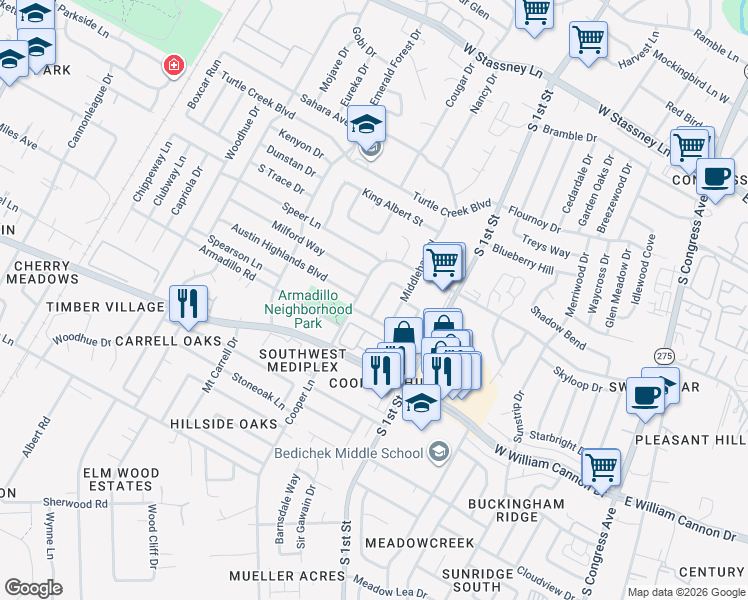 map of restaurants, bars, coffee shops, grocery stores, and more near 6409 Cooper Lane in Austin