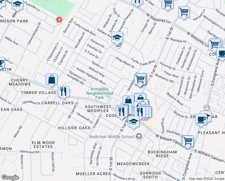 map of restaurants, bars, coffee shops, grocery stores, and more near 6409 Cooper Lane in Austin