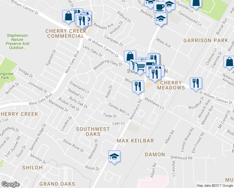 map of restaurants, bars, coffee shops, grocery stores, and more near 2109 Matthews Lane in Austin